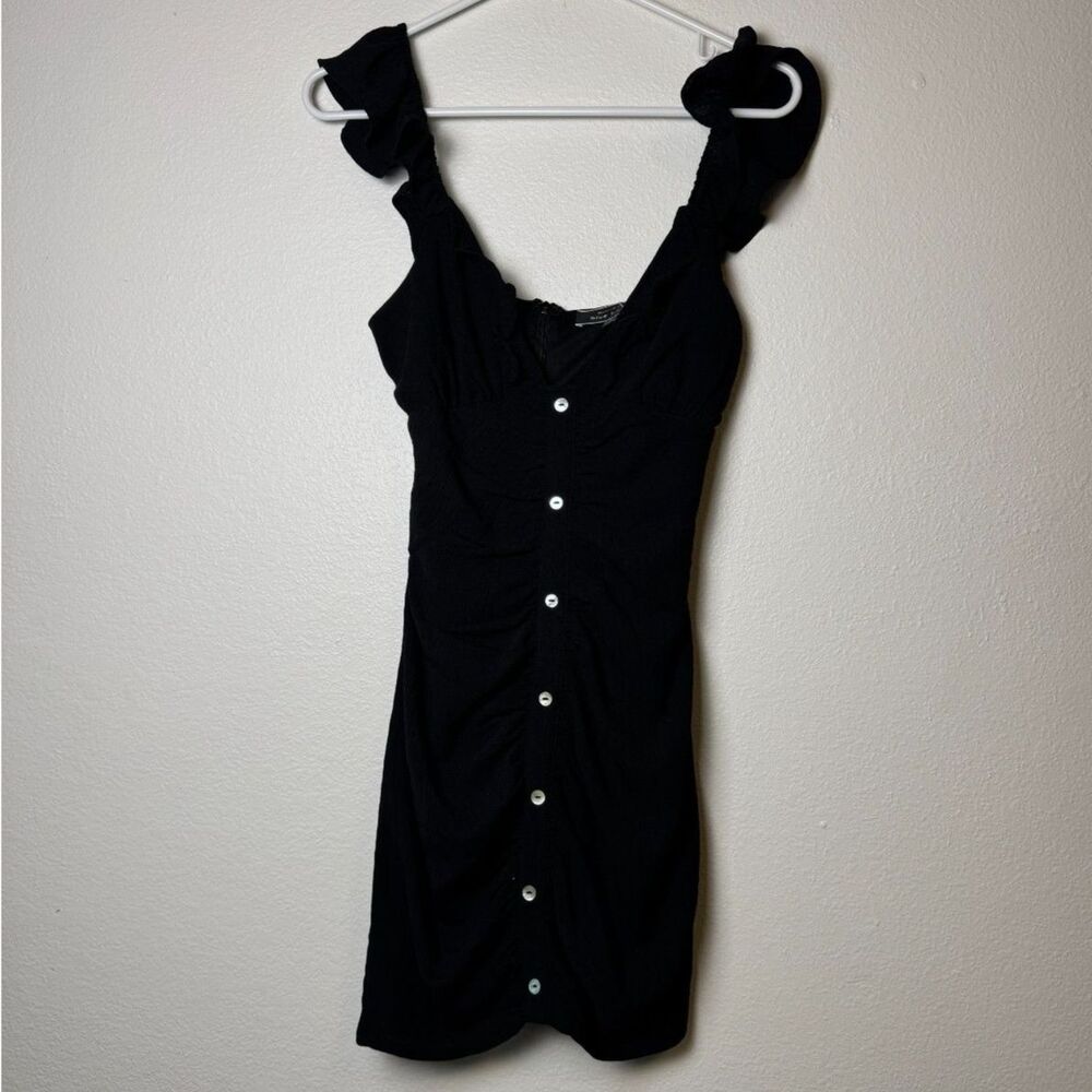 Blue Blush Womens S Black Ruched Mini Dress Ruffle Straps Button Front Stretch